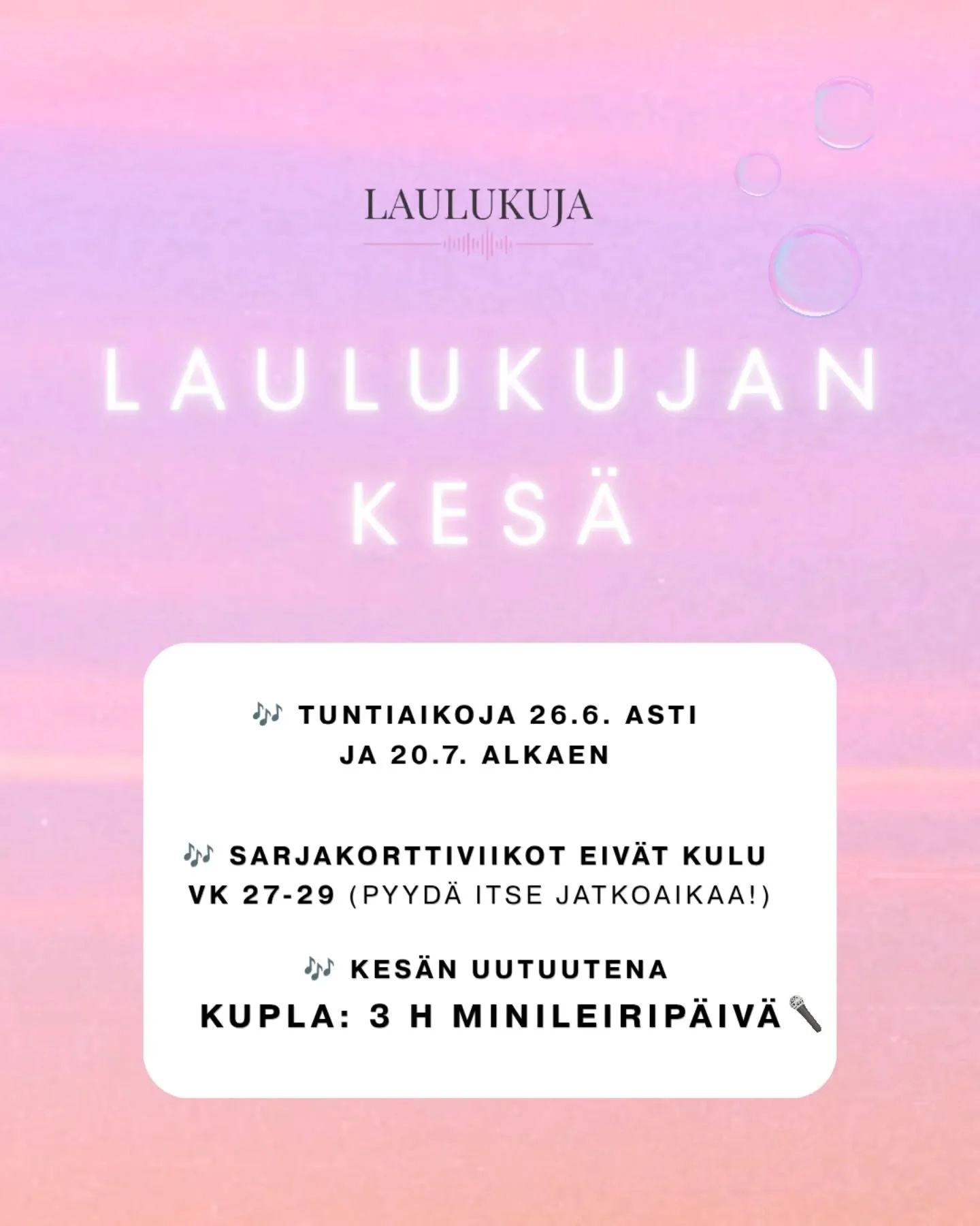 Tervetuloa viett&auml;m&auml;&auml;n kes&auml;&auml; Laulukujalle! ☀️ 

🗓️ Slotissa voi varata tuntiaikoja kuukauden verran eteenp&auml;in, joten ota yhteytt&auml;, jos haluat suunnitella ja varata vaikkapa minileirip&auml;iv&auml;n tai keikan my&ou