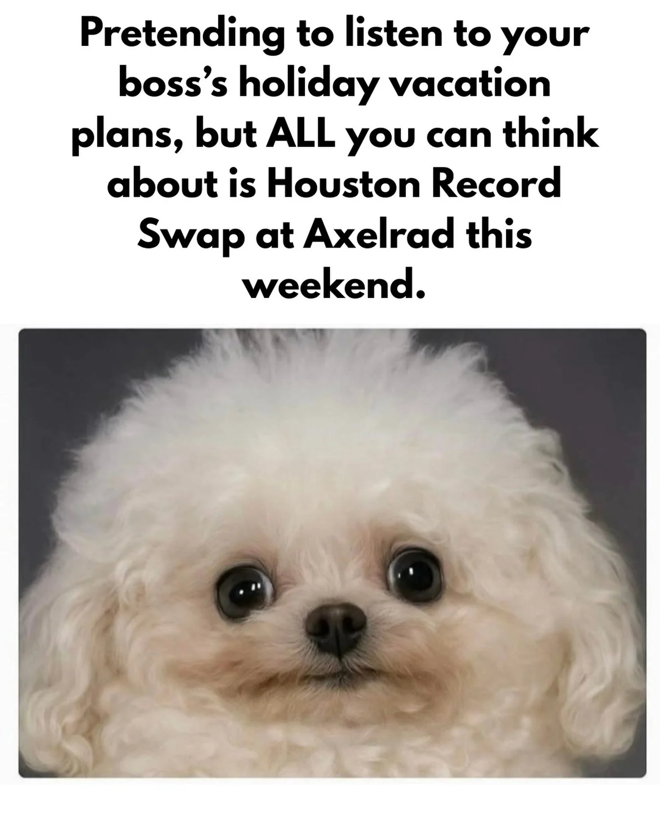 Get me outta here! 𝗛𝗢𝗨𝗦𝗧𝗢𝗡 𝗥𝗘𝗖𝗢𝗥𝗗 𝗦𝗪𝗔𝗣 is Sunday, December 14th from 2-6pm. It&rsquo;s your last chance to buy, sell &amp; swap with us! 🎷