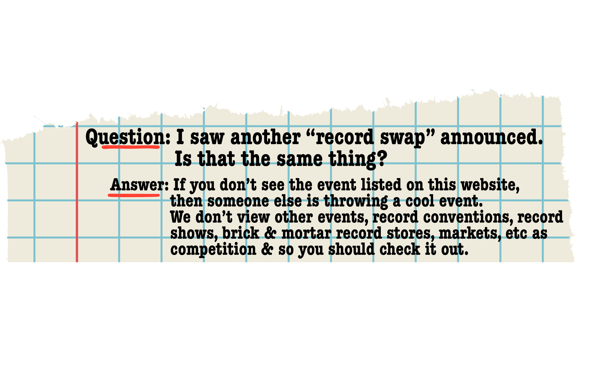 A torn piece of graph paper with a question about record swaps and an answer explaining record conventions.