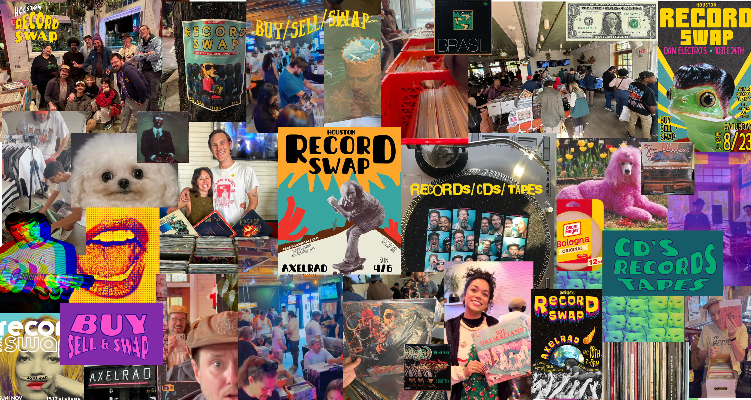 A collage of photos from a vinyl record and tape swap event in Houston, featuring people browsing, buying, and selling records, people and pets, posters, and promotional materials.