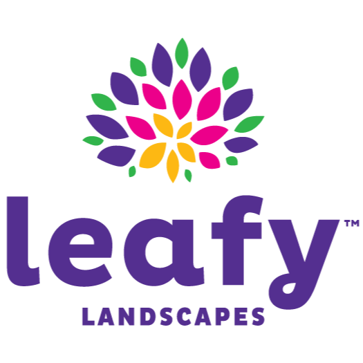 Logo for Leafy Landscapes featuring a colorful, stylized leaf flower design in purple, green, yellow, and pink above the company name in bold purple letters.