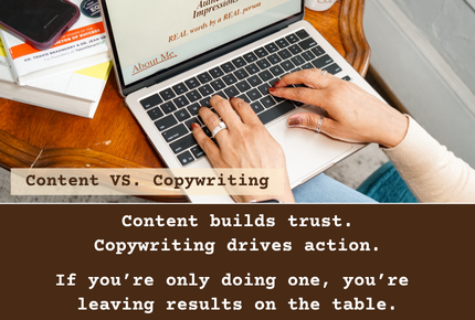 hands typing on laptop with "Content VS Copywriting" over