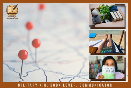 Map with pins and photos of moving boxes, beach, and reader with book in front of face
