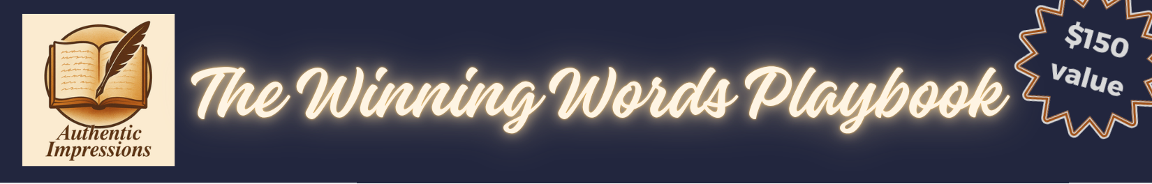 Banner with Authentic Impressions logo and heading: The Winning Words Playbook, $150 value
