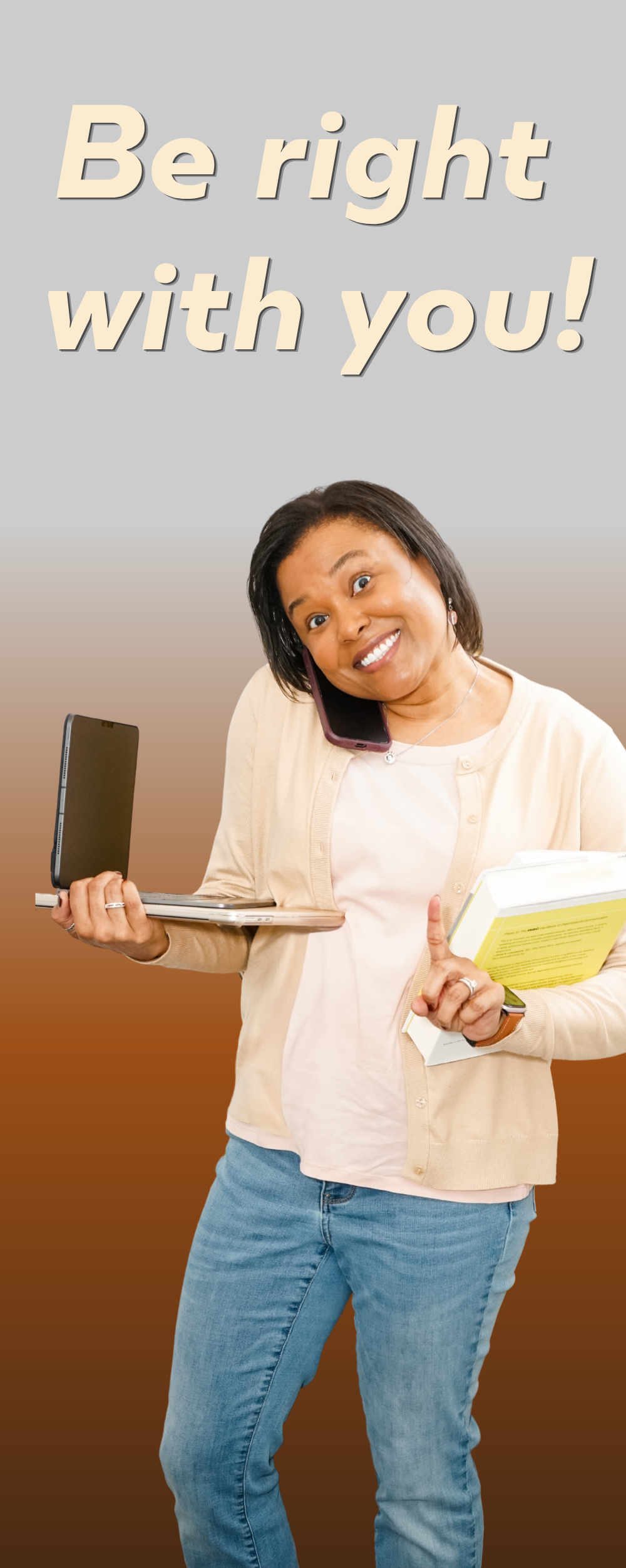 Busy woman with hands full holding up one finger