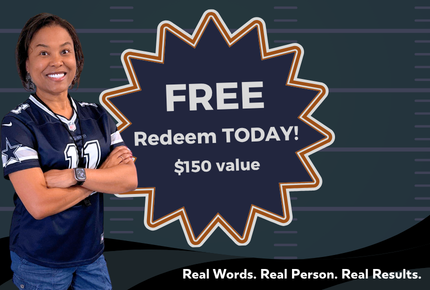 Woman standing with arms crossed and "FREE Redeem Today! $150 value" text in starburst