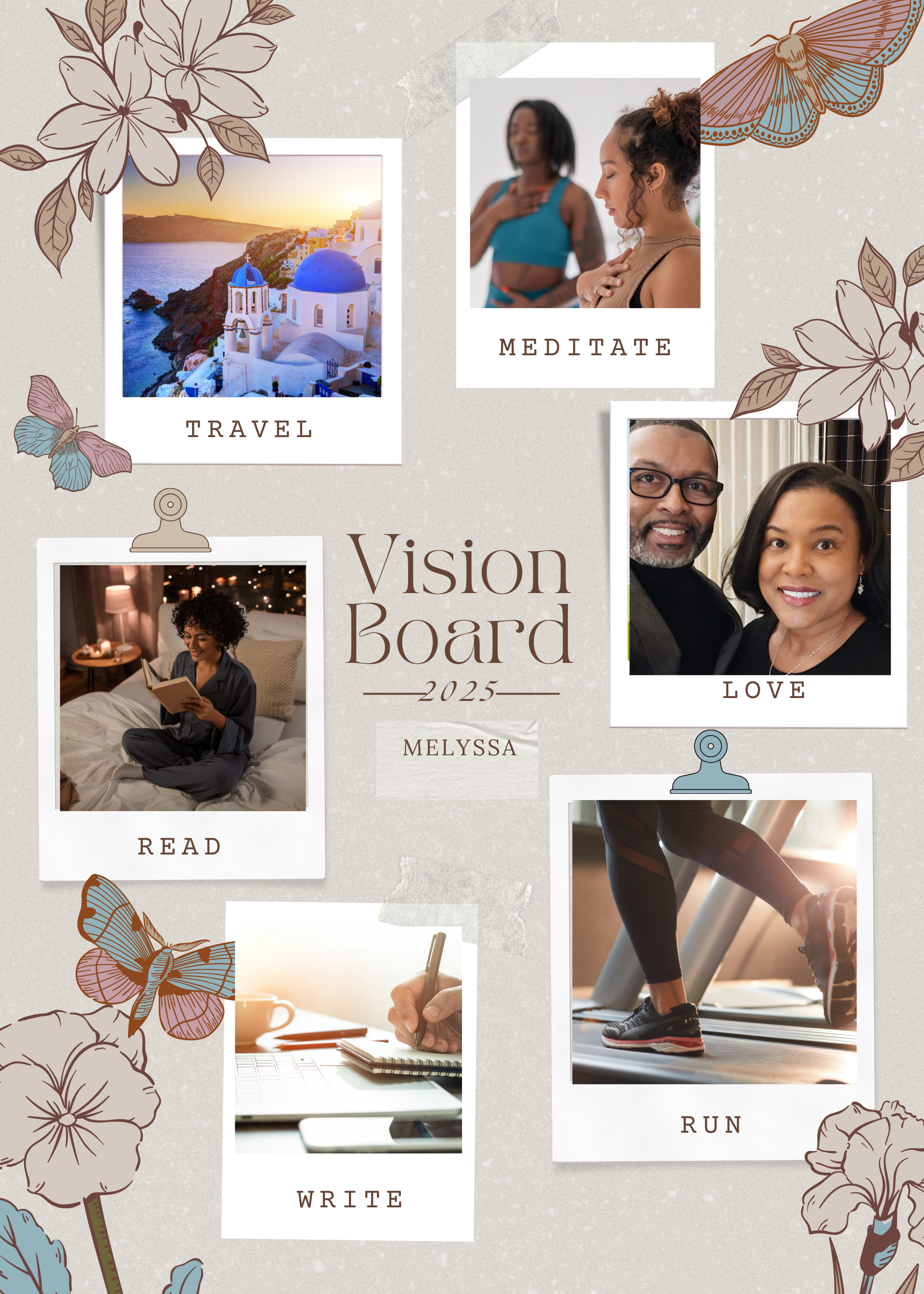 Butterfly and flower graphic depicting 2025 visions: travel, meditate, read, love, write, run