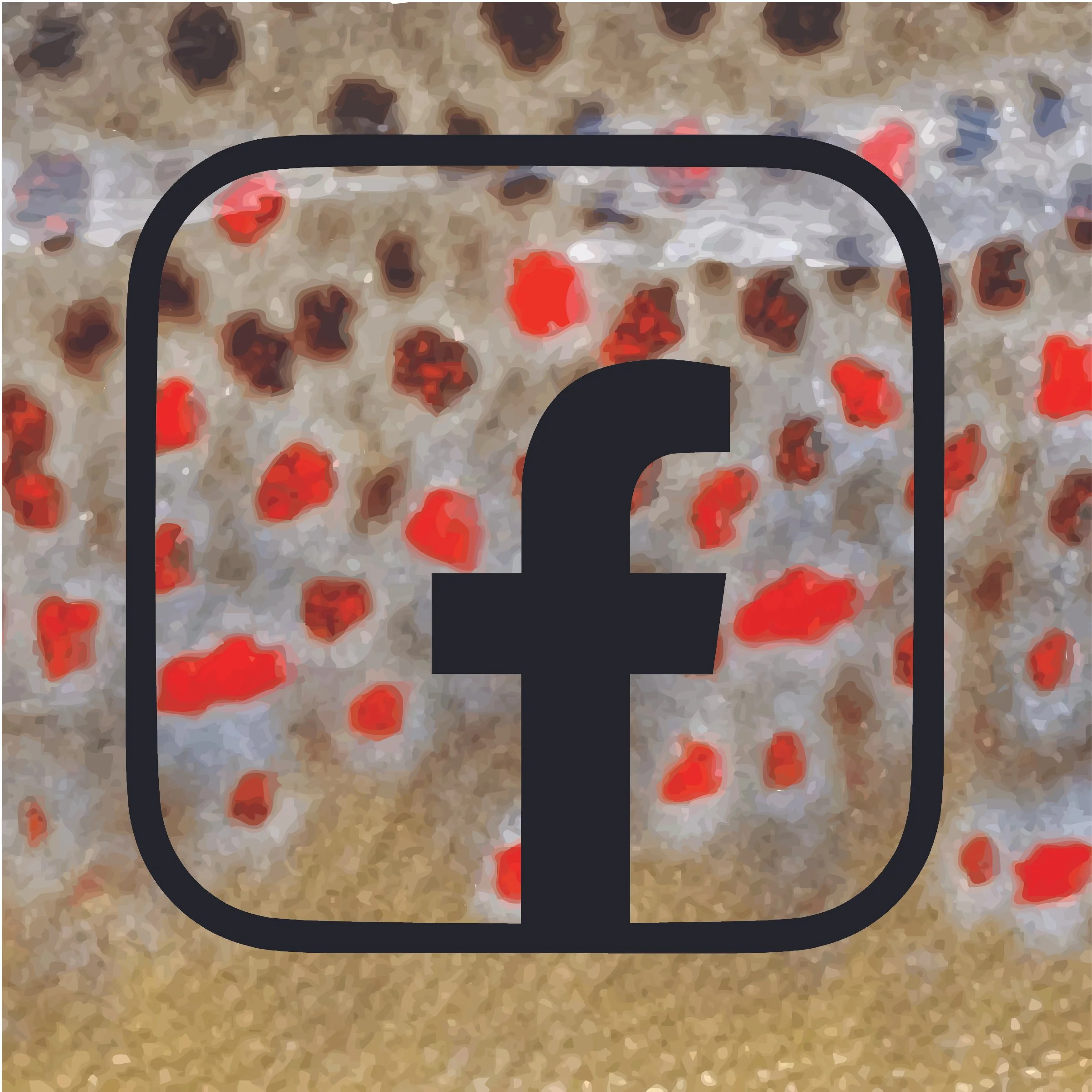 Facebook logo over a background of a mixture of red, brown, and beige food particles.