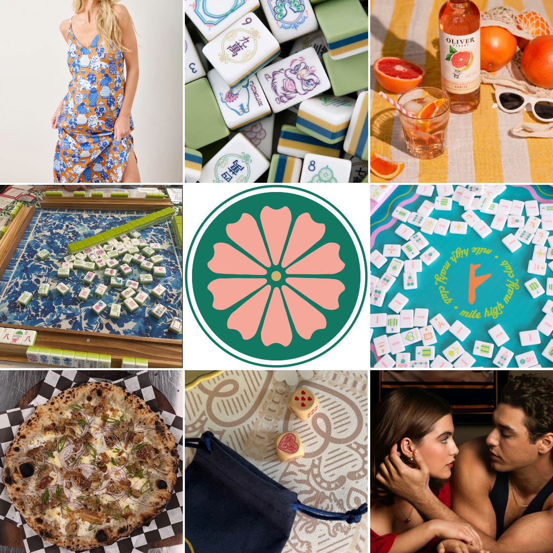 Clockwise: Fancy Cat pajamas from Printfresh; Oh My Mahjong Willow Tiles, Oliver Winery Ruby Red Grapefruit Spritz, Peace Love Mahjong travel set; Off Campus couple; Tigre de Tartan wooden dice; Heartwork pizza; Britt Mills mat with Limoncello tiles