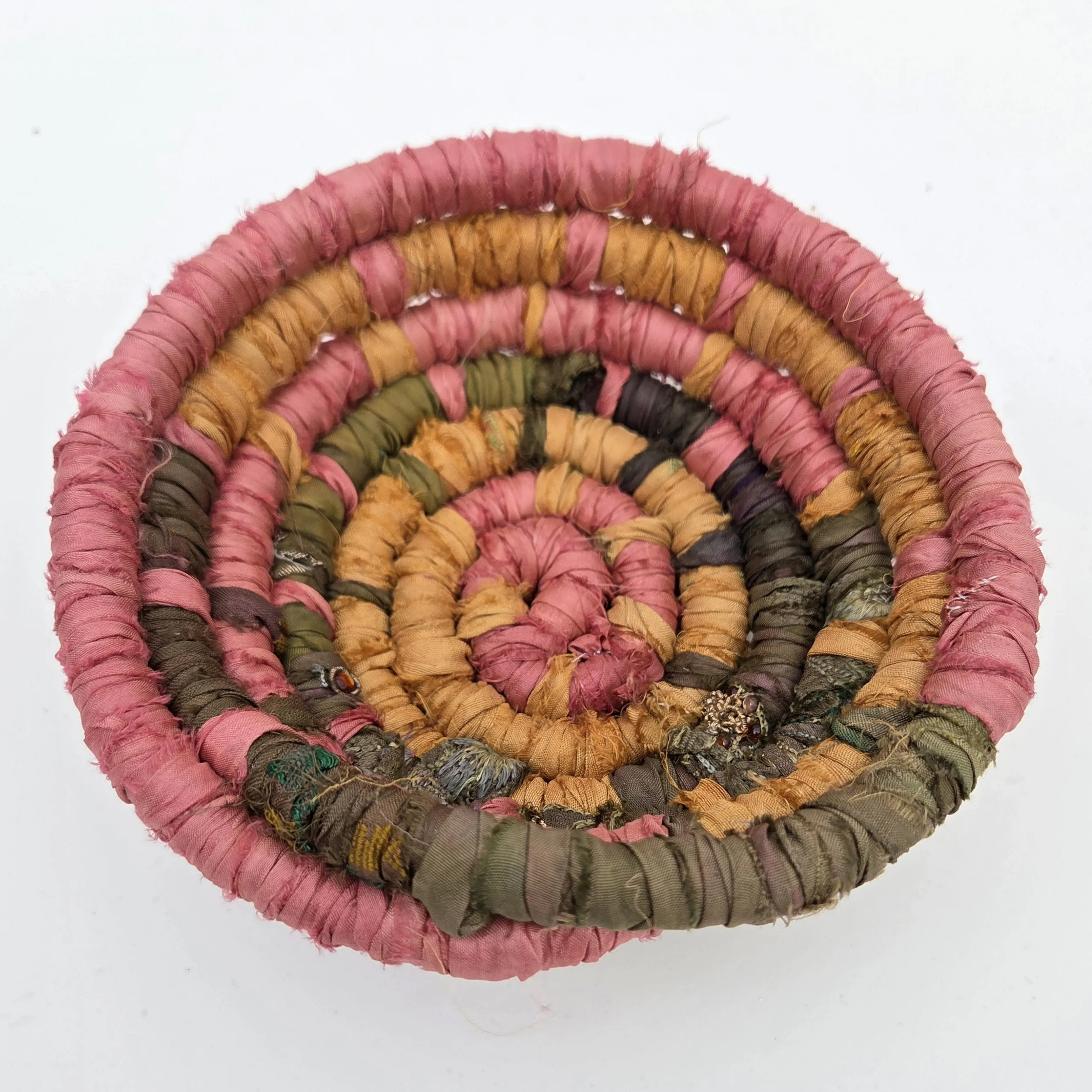 Pink, Green and Gold handcrafted 2"x6" sari silk coiled vessel