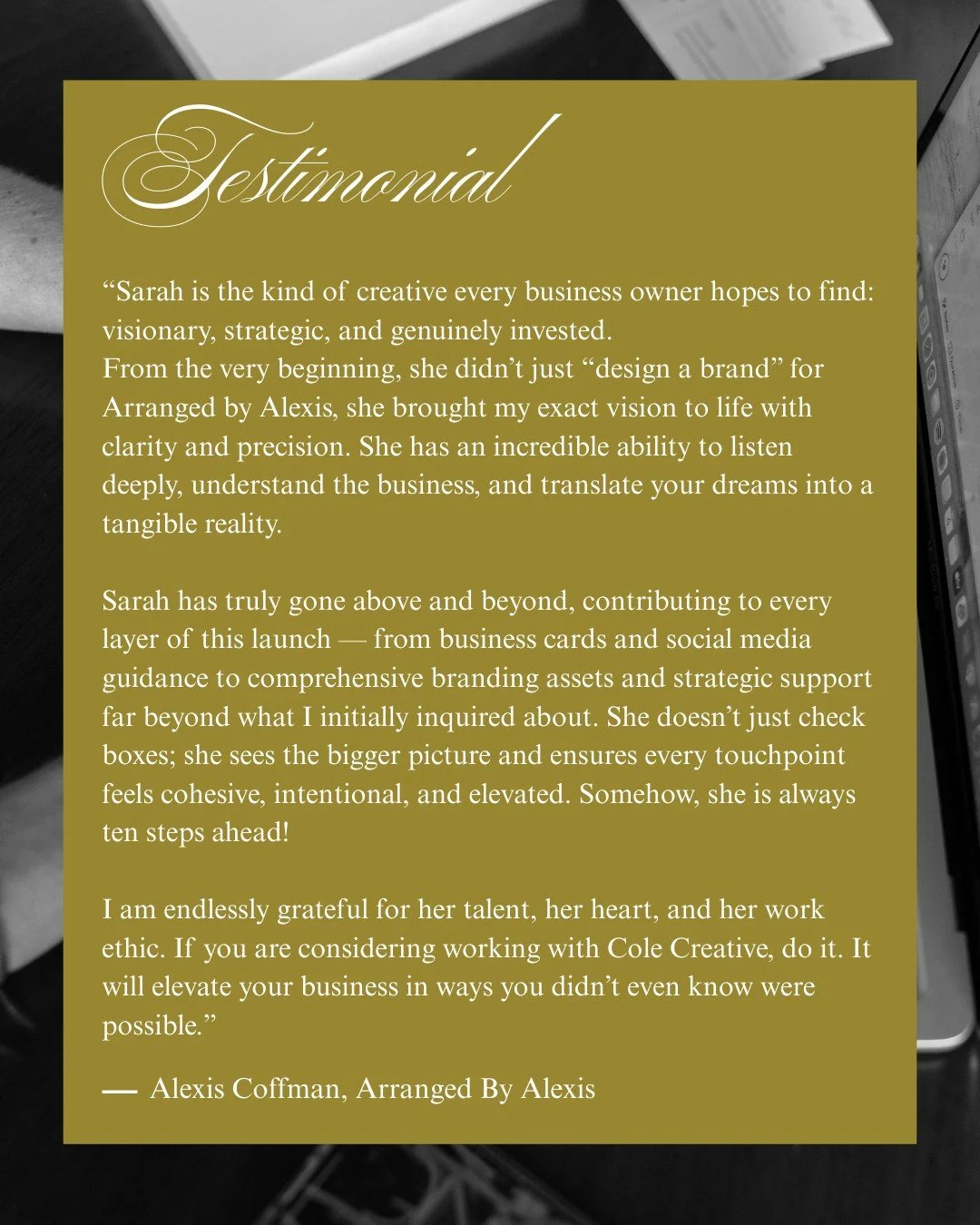 Testimonials like this mean everything. 🥹

Working with Alexis was about more than just creating a brand. It was about building something that reflects her vision, her level of service, and the experience she provides.

Every detail was designed wit