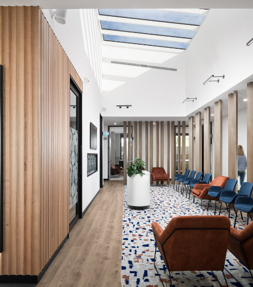 Modern waiting area with blue and orange chairs, a large white planter with a green plant, wooden slat walls, and a skylight ceiling with sunlight.
