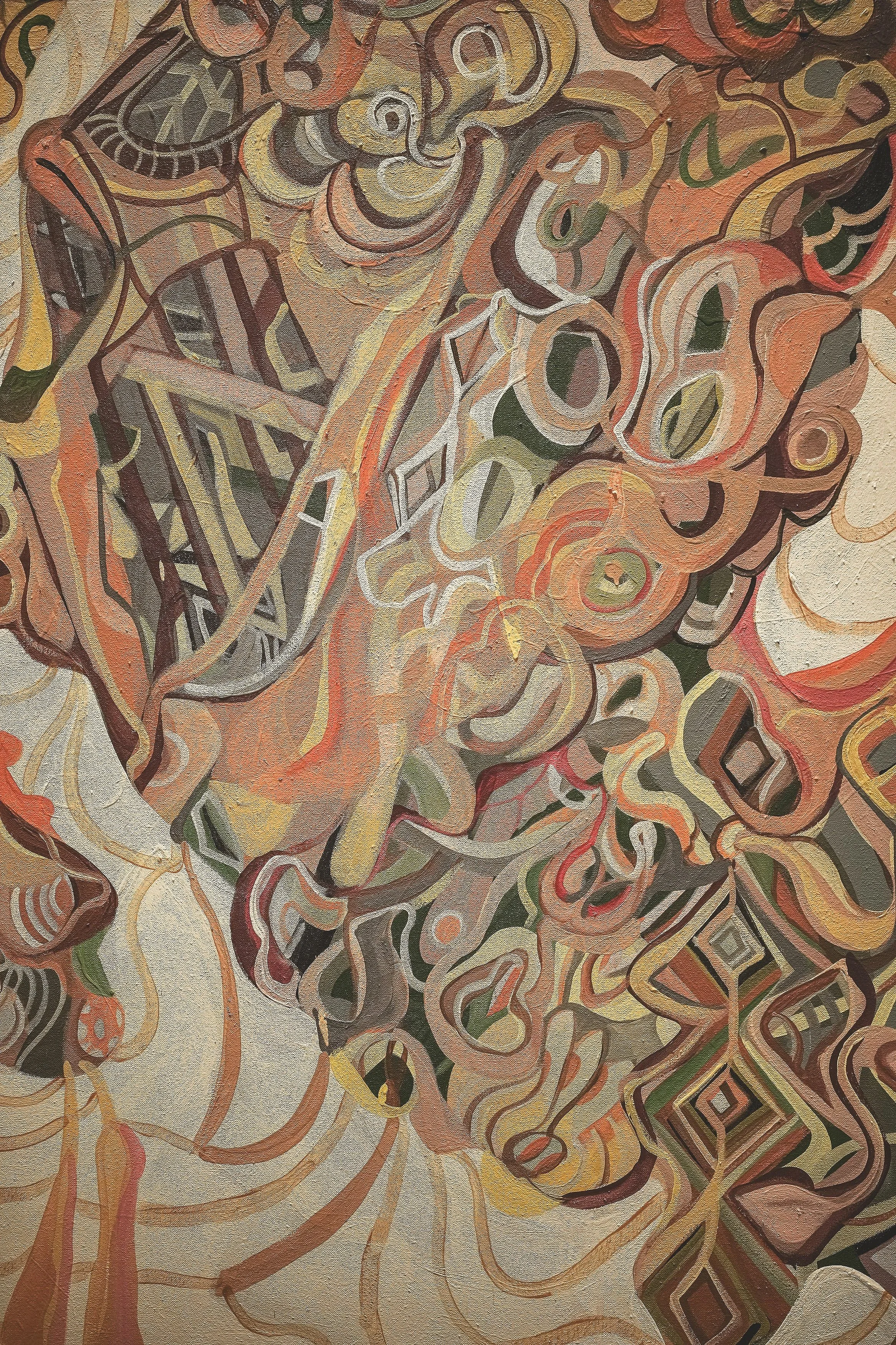 An abstract painting featuring swirling lines, geometric shapes, and layered colors including orange, yellow, green, beige, black, and brown.
