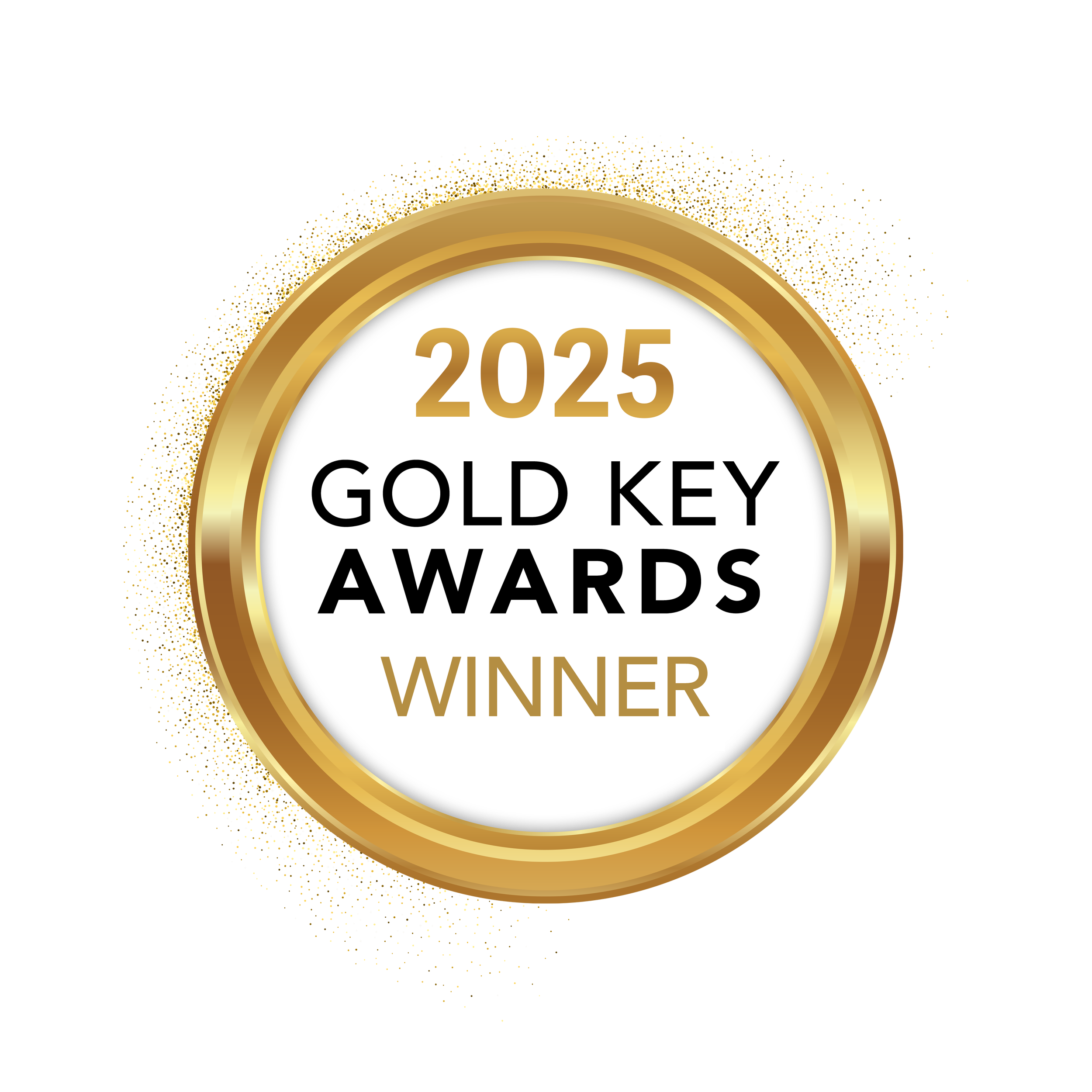 Circular badge with gold border that reads "2025 GOLD KEY AWARDS WINNER" in black and gold text.