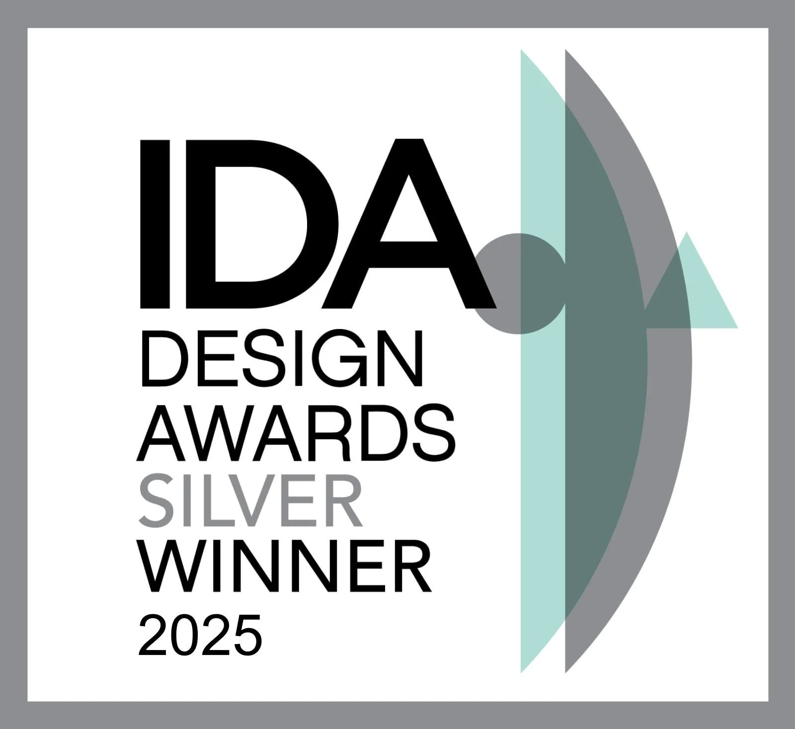 Silver winner of the 2025 IDA Design Awards with abstract geometrical shapes and bold black text.