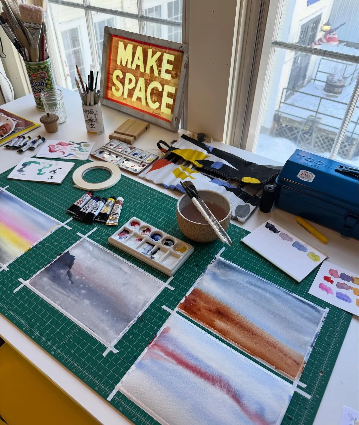 Watercolors today, some in progress wet on wet for this workspace selfie