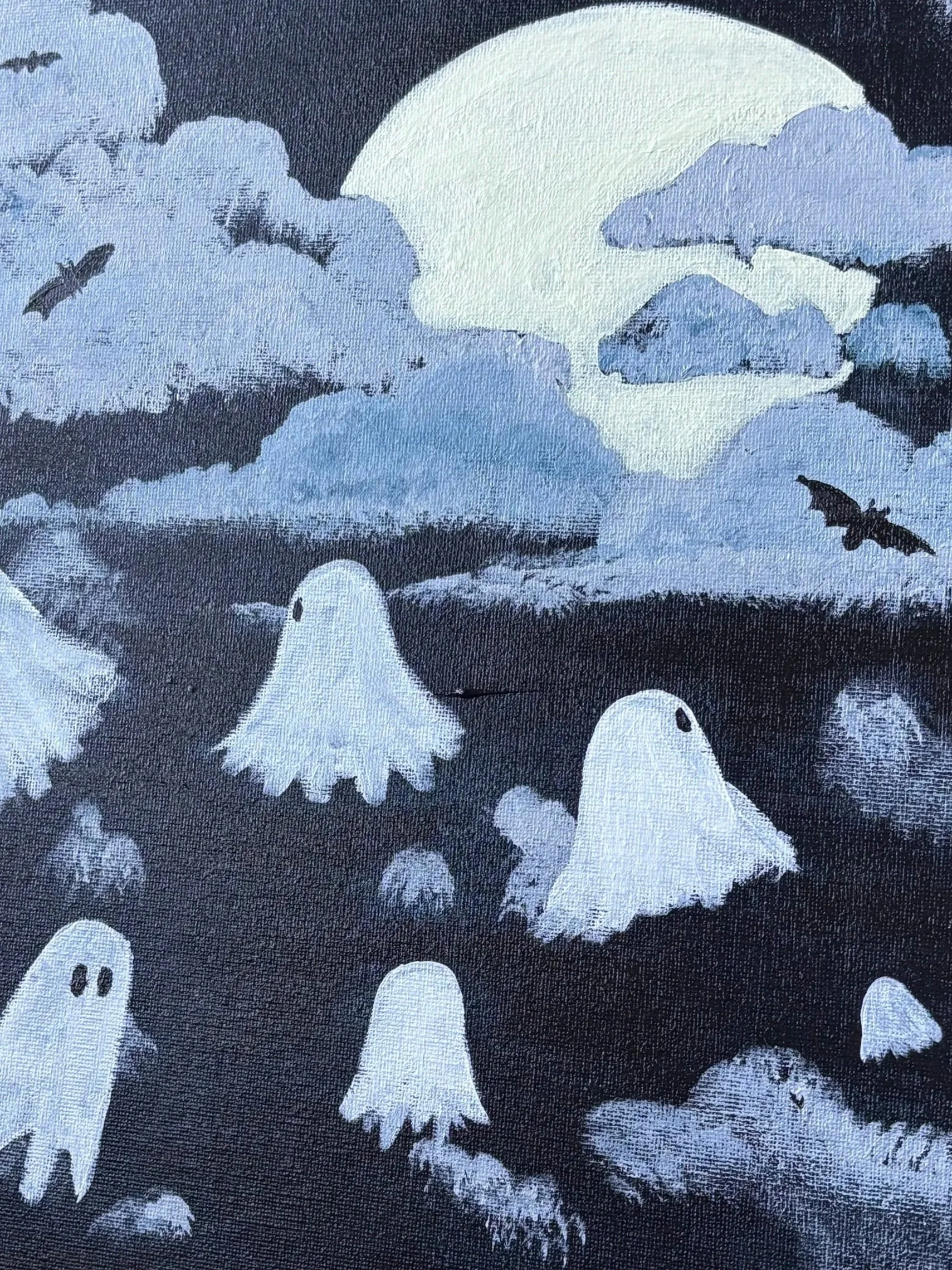 Illustration of ghost figures floating around in front of a full moon with clouds and bats in the background.