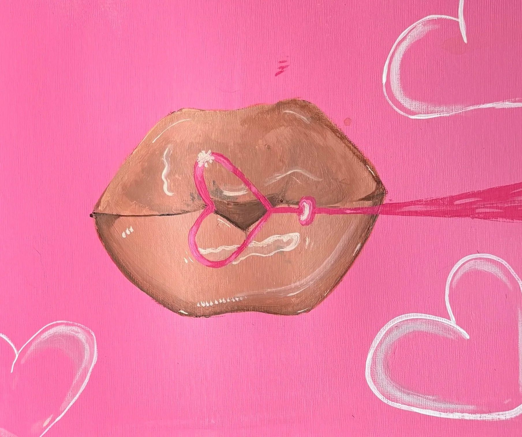 Painting of lips with a pink background, featuring white heart shapes and pink lipstick outlining the lips and a pink line extending from the lips.