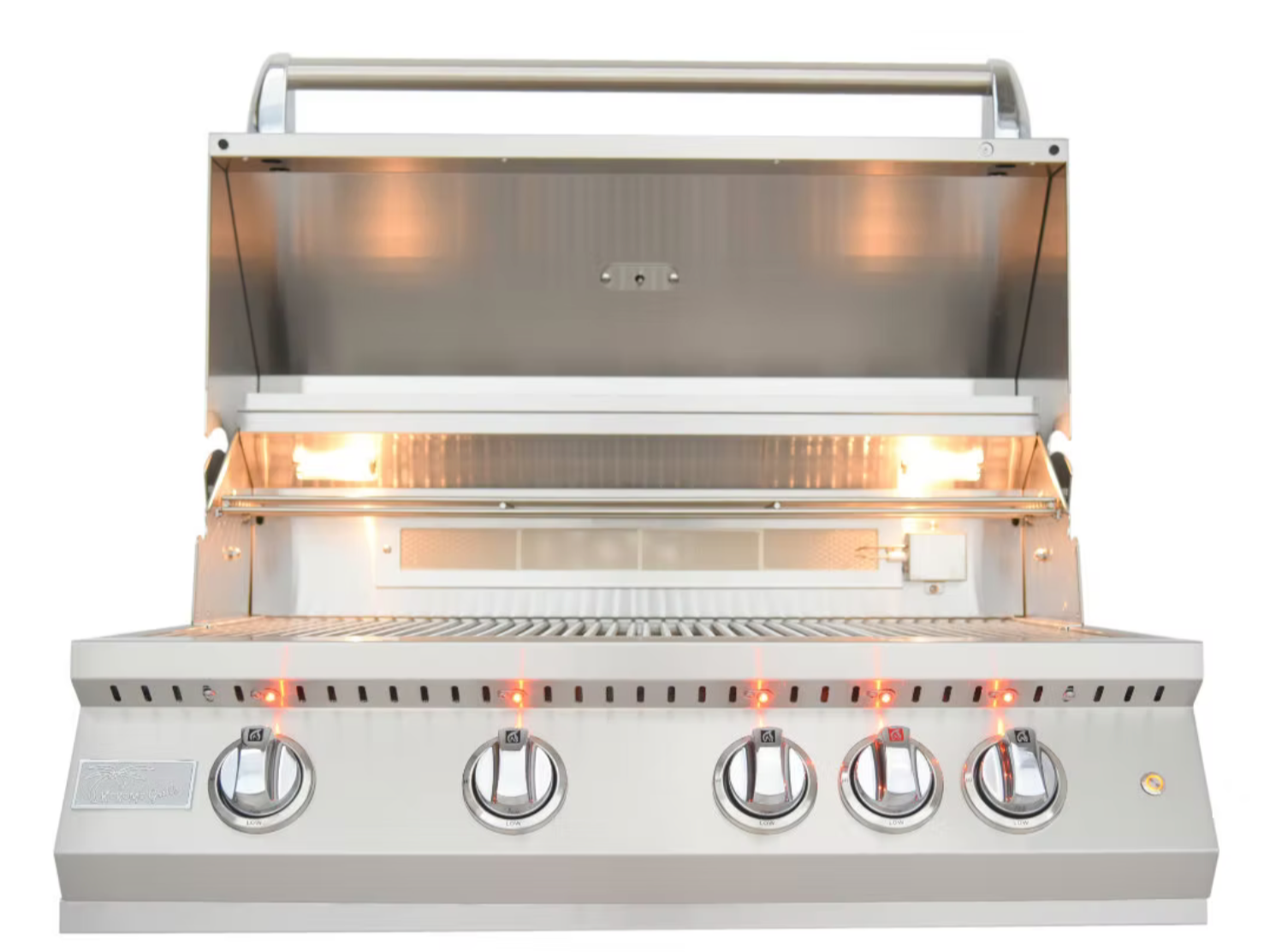Kokomo 4-burner Pro grill with lid open and rotisserie installed in a Memorial backyard kitchen