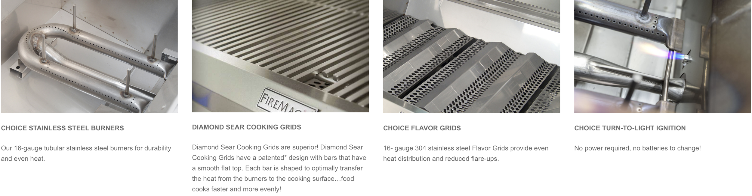 Fire Magic Choice C540i built-in gas grill features including stainless steel burners, Diamond Sear cooking grids, flavor grids, and turn-to-light ignition.