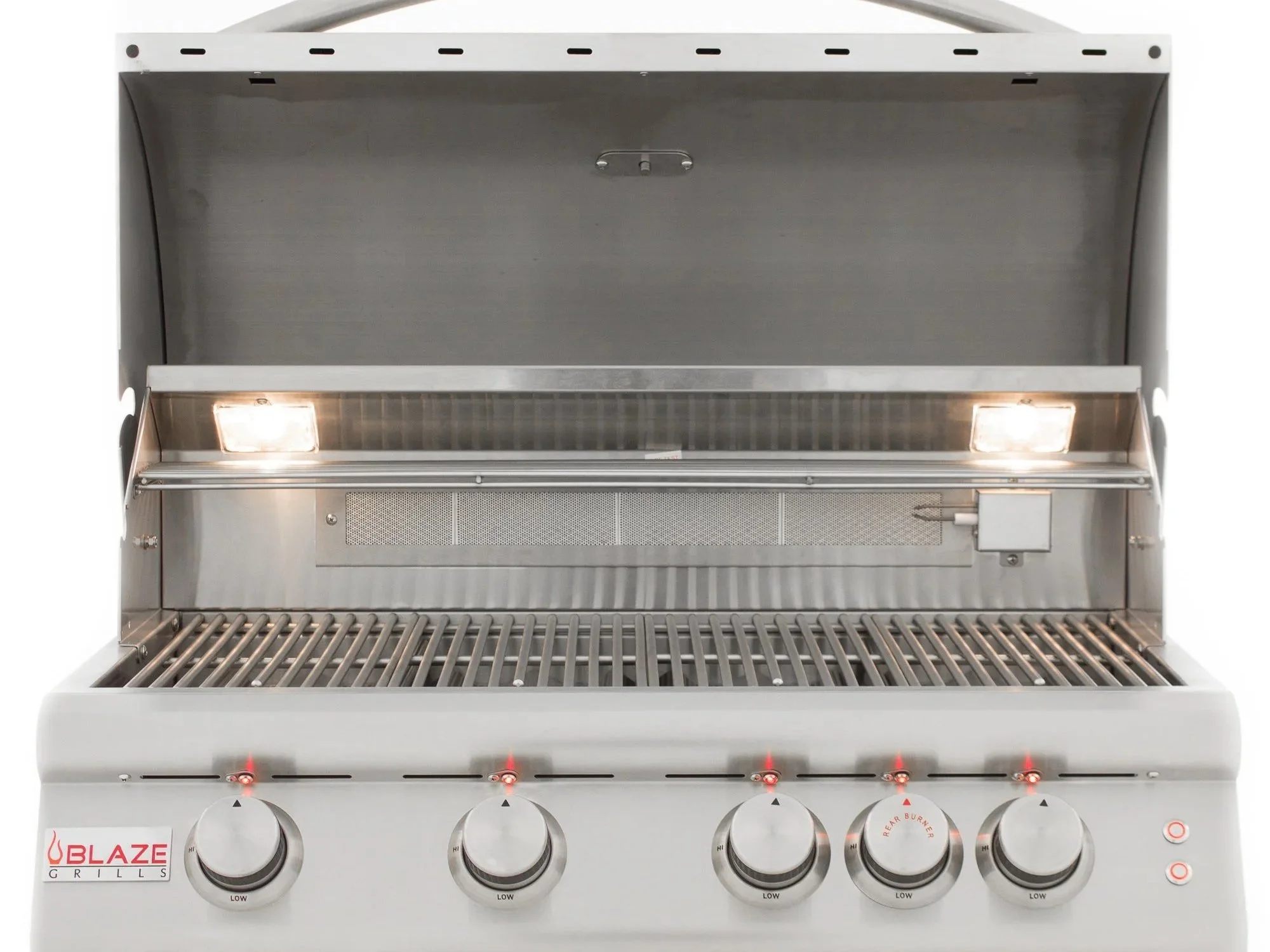 Blaze 32-Inch LTE Gas Grill open lid view with halogen interior lights and LED control knobs – Houston outdoor kitchen installation