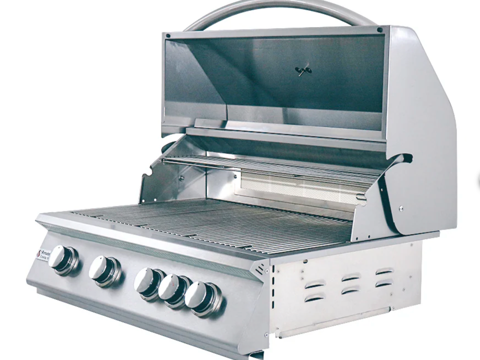 RCS 32-inch grill open-top showing burners and stainless grates in Memorial backyard