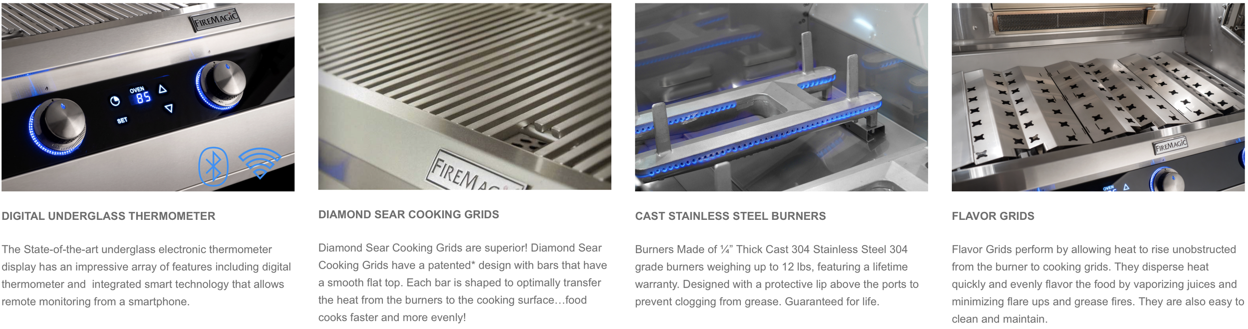 Fire Magic Echelon Diamond E790i features including digital underglass thermometer, Diamond Sear cooking grids, cast stainless steel burners, and Flavor Grids.