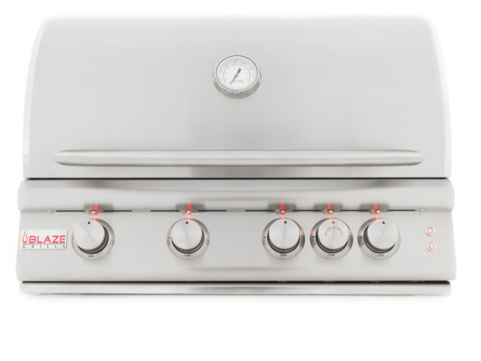 Blaze 32-Inch 4-Burner LTE Gas Grill closed lid front view with stainless steel finish – Houston outdoor kitchen