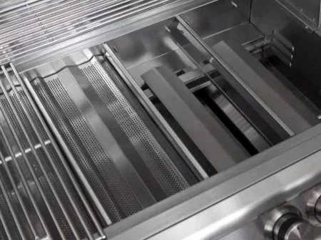 Blaze 32-Inch LTE 4-Burner Gas Grill stainless steel burners and flame-stabilizing grids close-up – Houston outdoor kitchen grill
