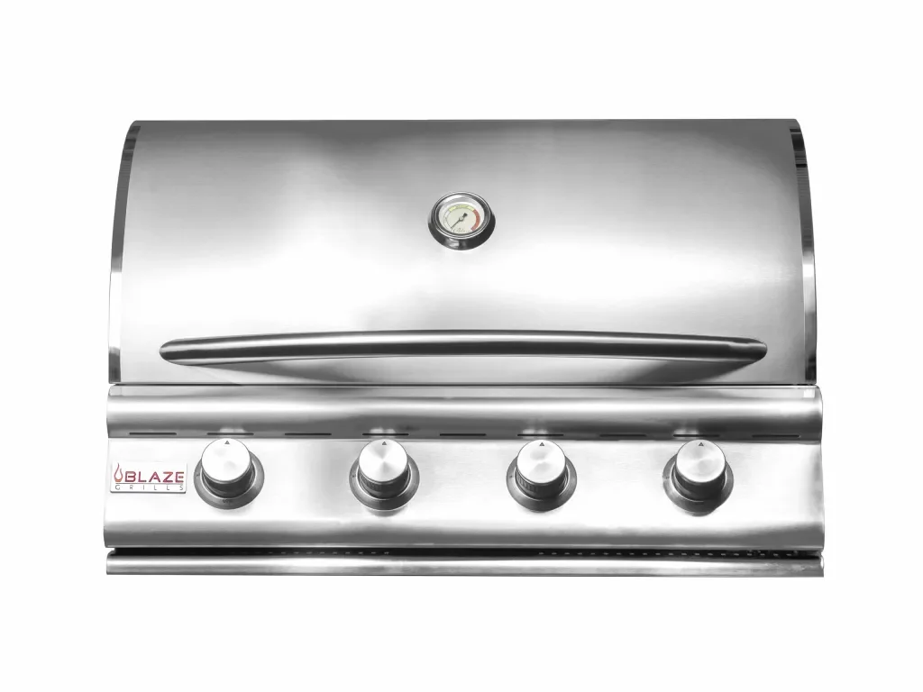 Blaze Prelude LBM 32-Inch 4-Burner Gas Grill closed lid front view in stainless steel – Houston outdoor kitchen