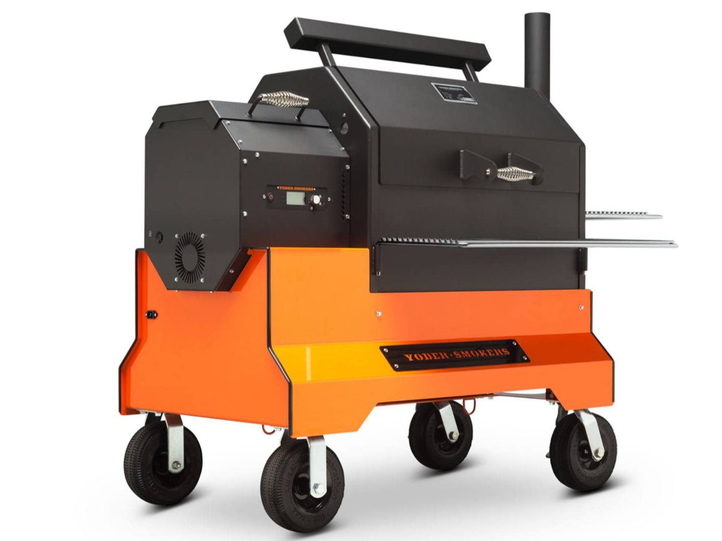 Yoder YS640S Competition smoker with stainless shelves in Sugar Land backyard