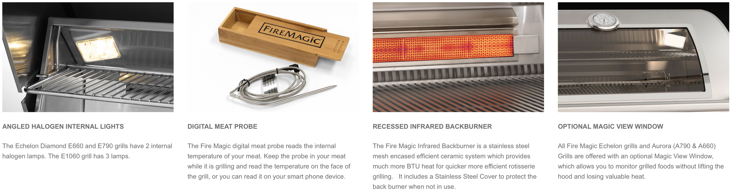 Fire Magic Echelon Diamond E790i features including halogen interior lights, digital meat probe, infrared backburner, and optional Magic View window.