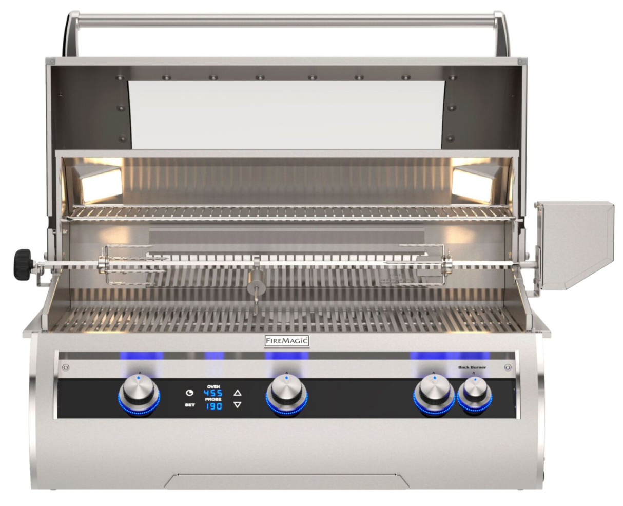 Fire Magic Echelon Diamond E790i 36-inch Built-In Gas Grill with hood open showing cooking grates and interior lights.