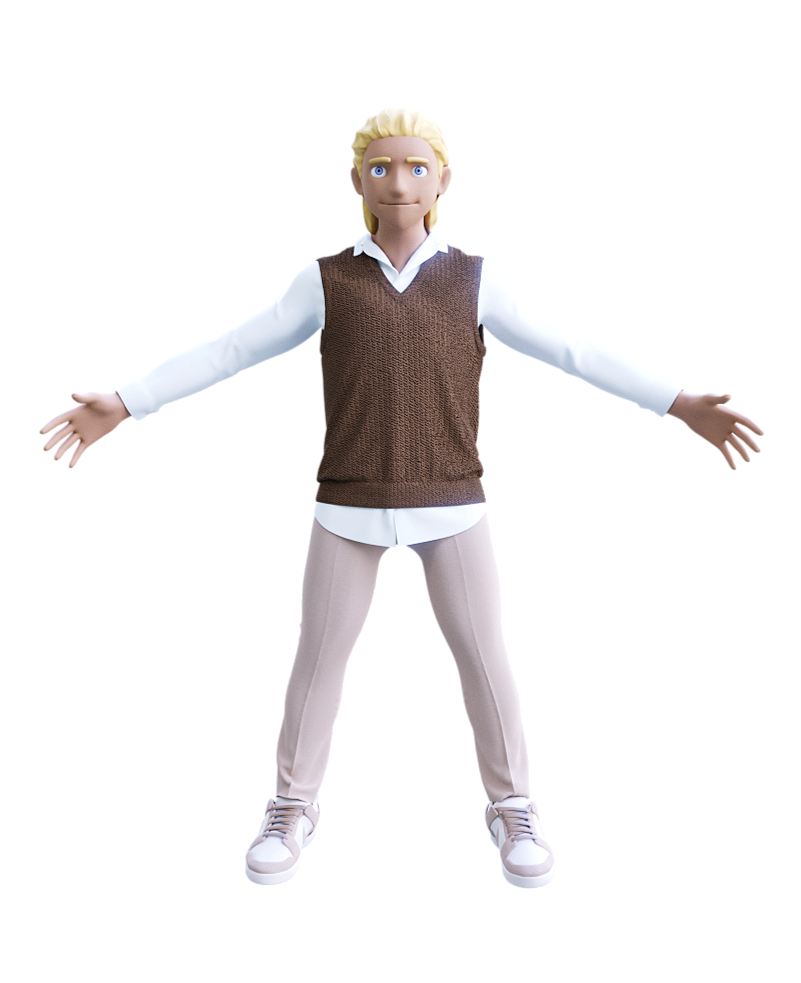 Personnage animé avec les bras ouverts, cheveux blonds, chemise blanche, gilet marron, pantalon beige et baskets roses