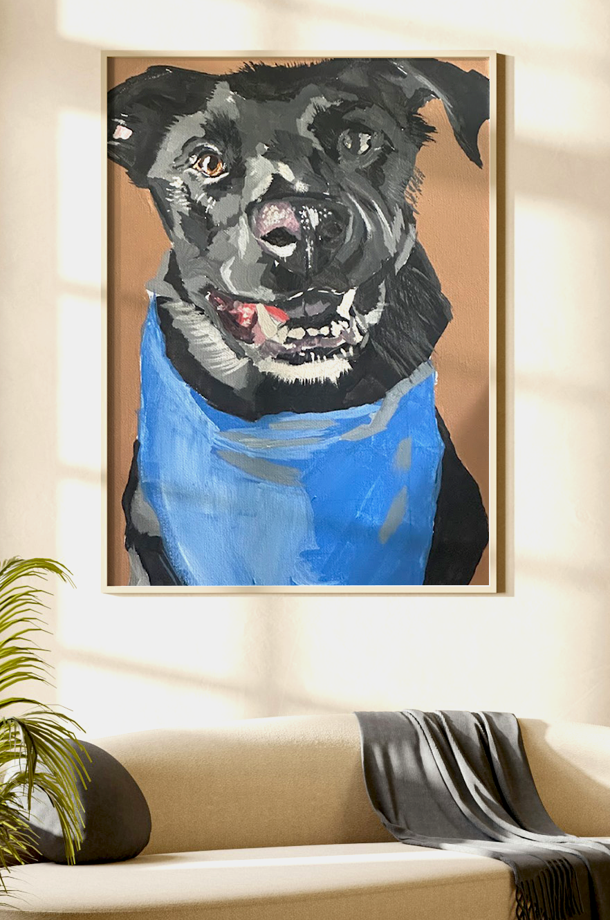 Black Shepherd with Blue Bandana on Tan Background on Canvas painted by hand.