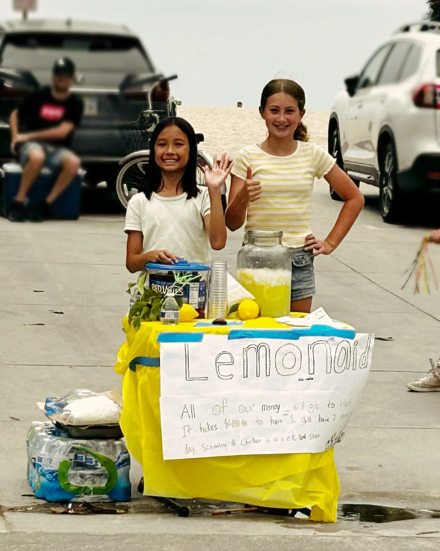 Two young girls standing behind a lemonade stand on a sidewalk, with cars and a person in the background. The stand has a large jar of lemonade, lemons, and a sign that reads 'Lemonade.'
