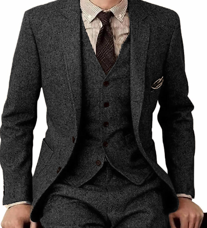 Men 3 Pieces Tweed Suits Formal Business Suit Set Custom Gentle-Mens Groom Wedding Dress Blazer Suits(Jacket+Pants+Vest)