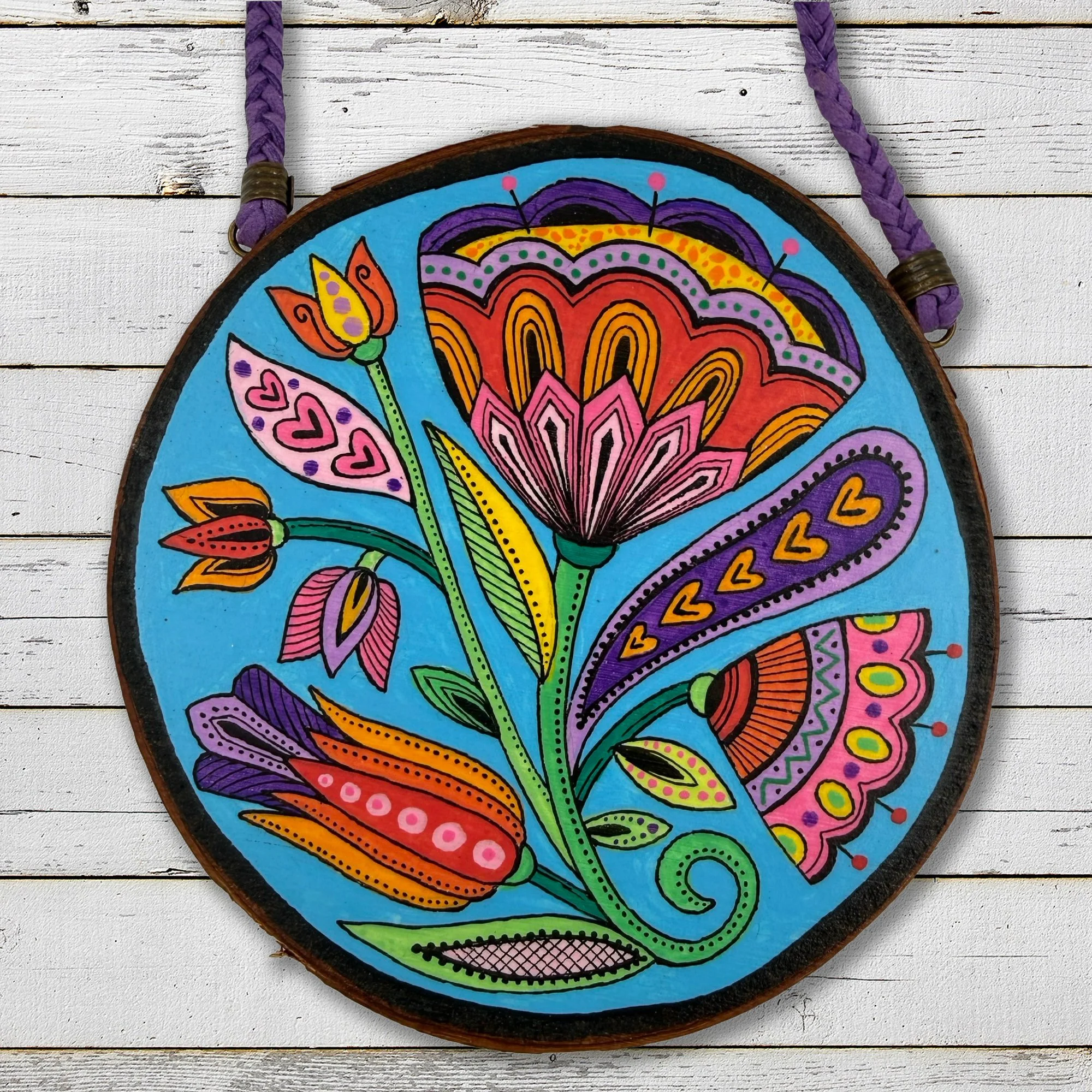 Hand painted Wall Art with Blue Folk Floral