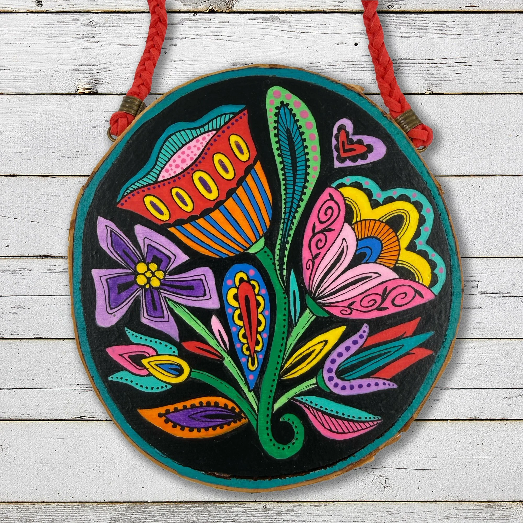 Black Folk Floral Hand painted Wall Art