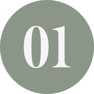 A circular badge with a gray background and large white number '01' in the center.
