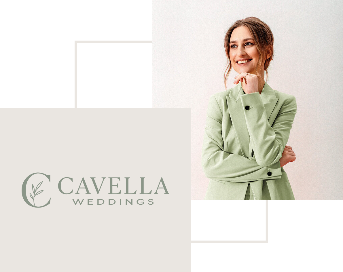 A smiling woman in a light green blazer standing against a plain white background, with the Cavella Weddings logo and name in the bottom left corner.