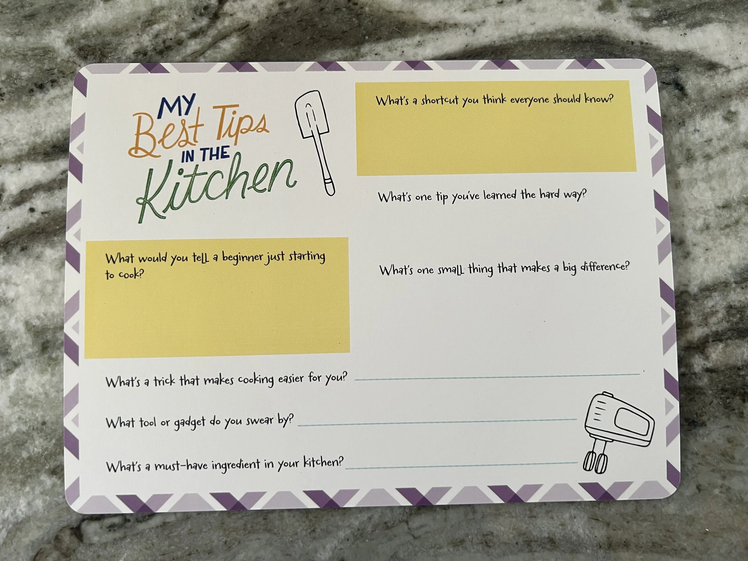 A kitchen tips worksheet titled 'My Best Tips in the Kitchen' with sections for writing advice, small illustrations of a spatula and an immersion blender, and questions about cooking tips.