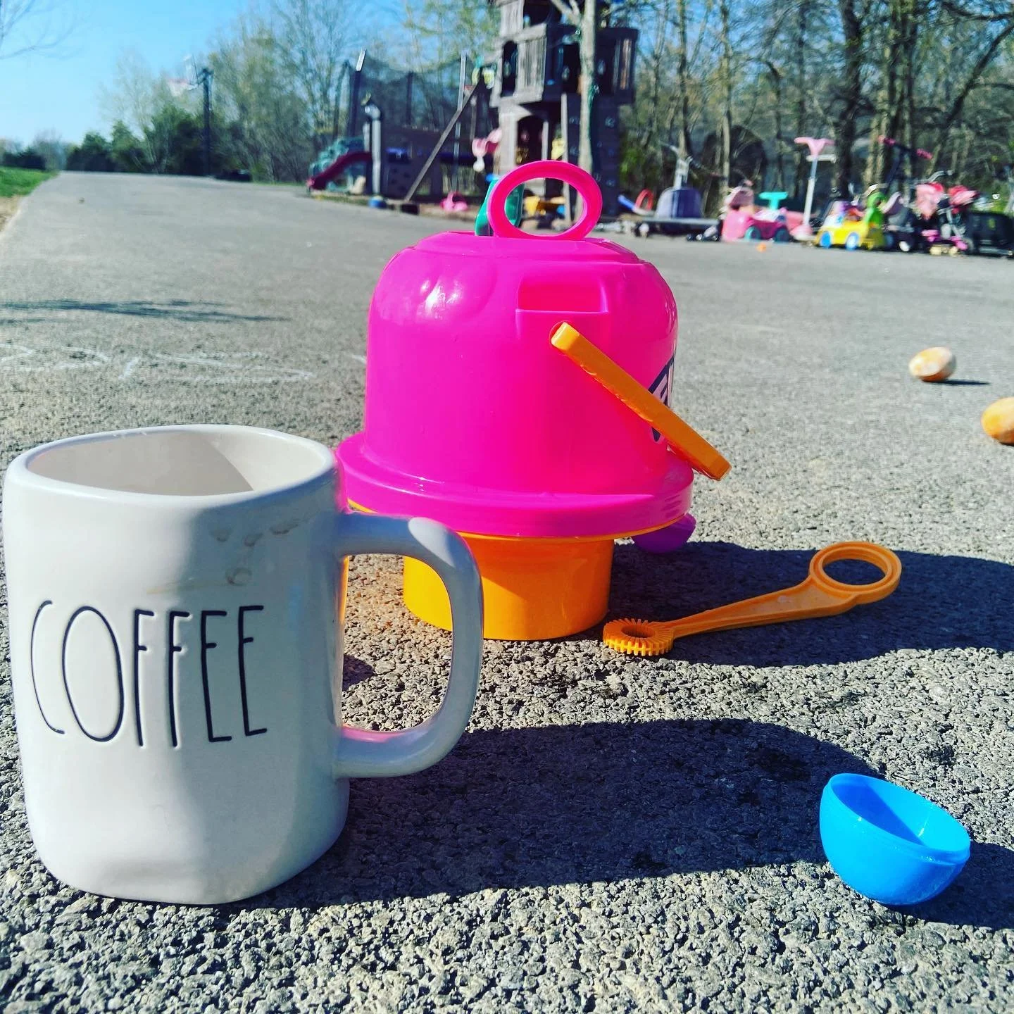 Kicking off Spring Break with sidewalk chalk, Easter candy, bubbles, bikes, and coffee for momma. 😂❤️ not even gonna attempt to clean today. I also am seeing a picnic outside for lunch today. #yolo #springbreakadventures #momofmany #momofmultiples #
