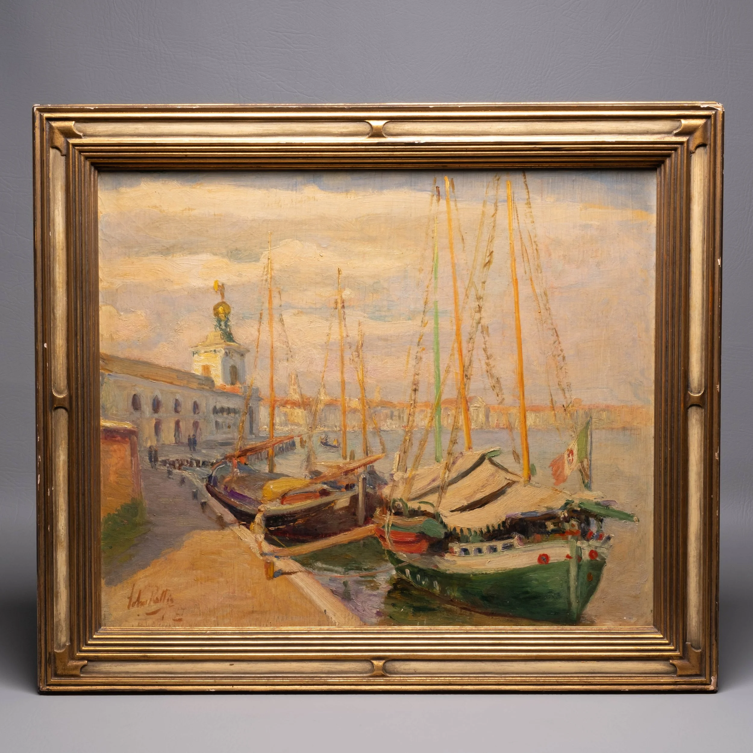 John Rettig, 1927, Ships on the Punta Dogana, Venice, oil/panel $5900