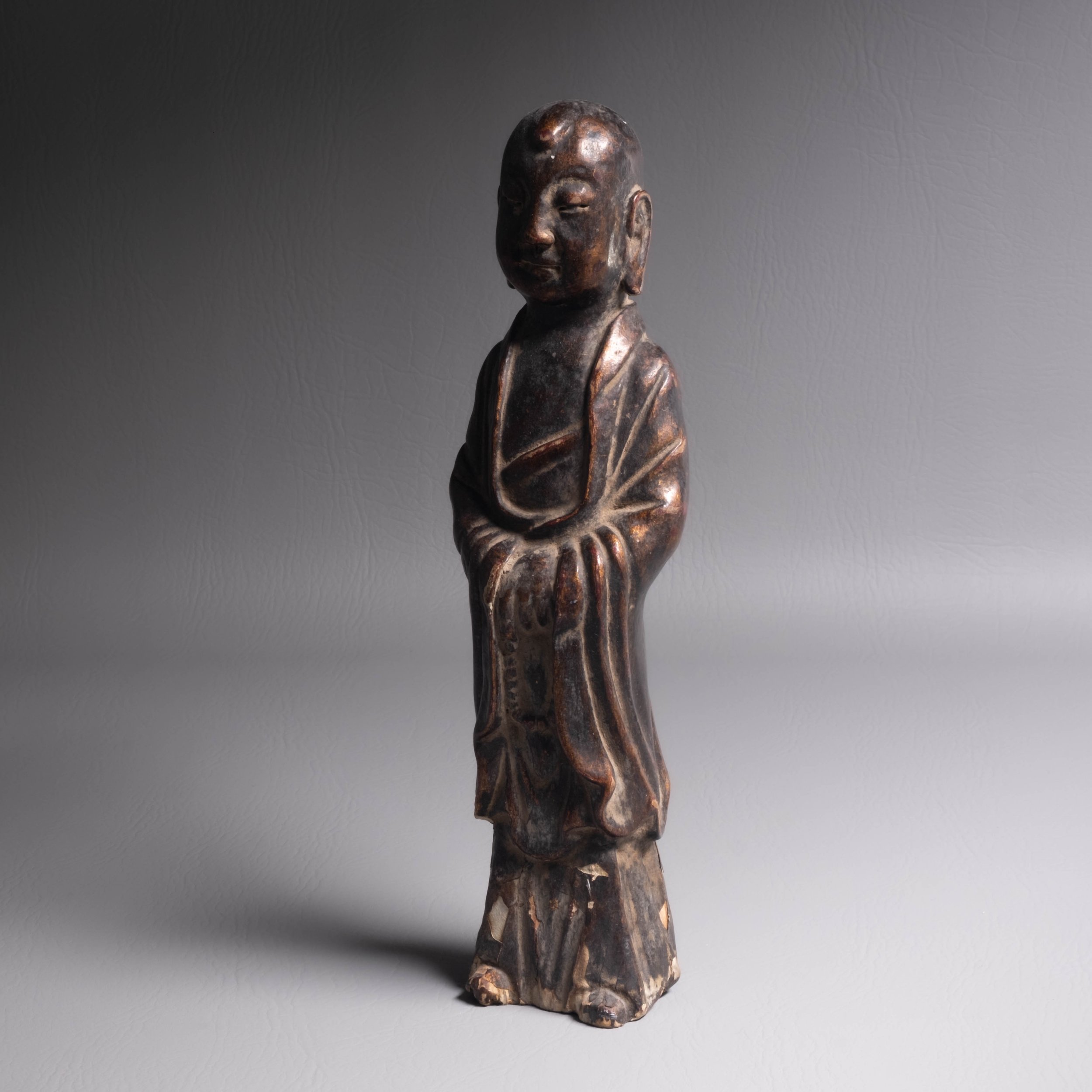 Chinese Carved Wood Gilded Gesso Figure of a Luohan, 17th-18th century $700