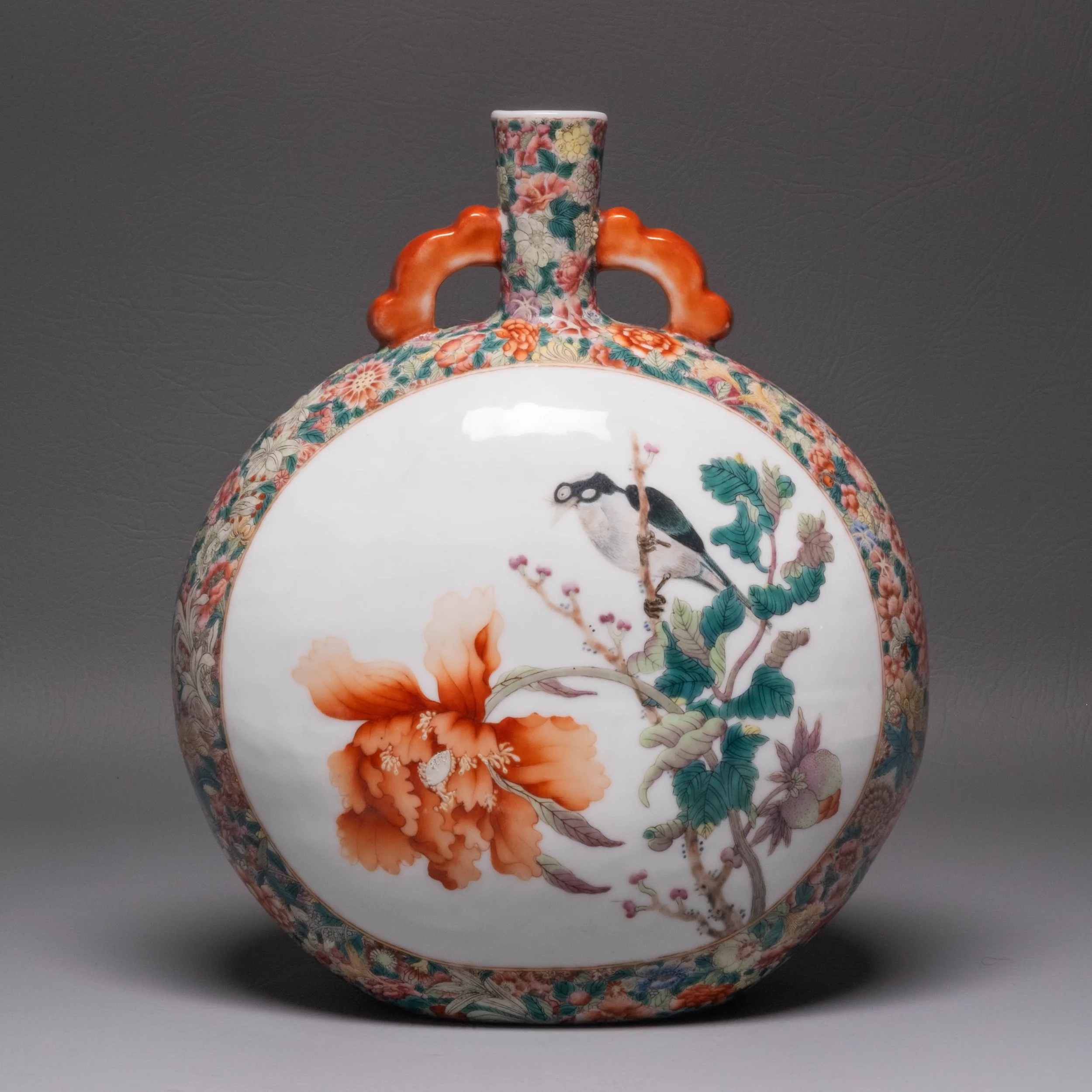 Antique Chinese Porcelain Famille Rose Mille Fleurs Moon Flask, 18th-19th -Inquire for Price- 