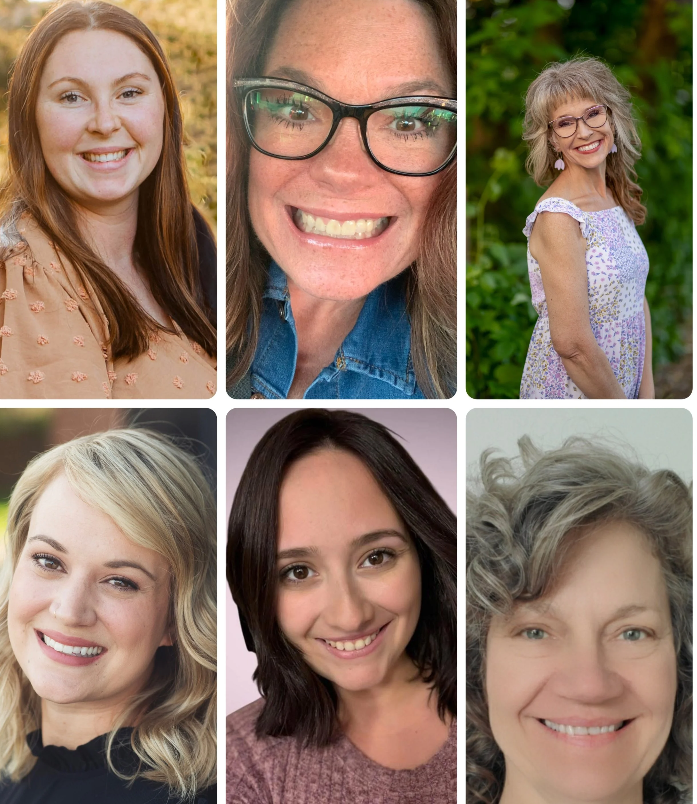 Collage of six women with various hairstyles and outfits, smiling in outdoor and studio settings.