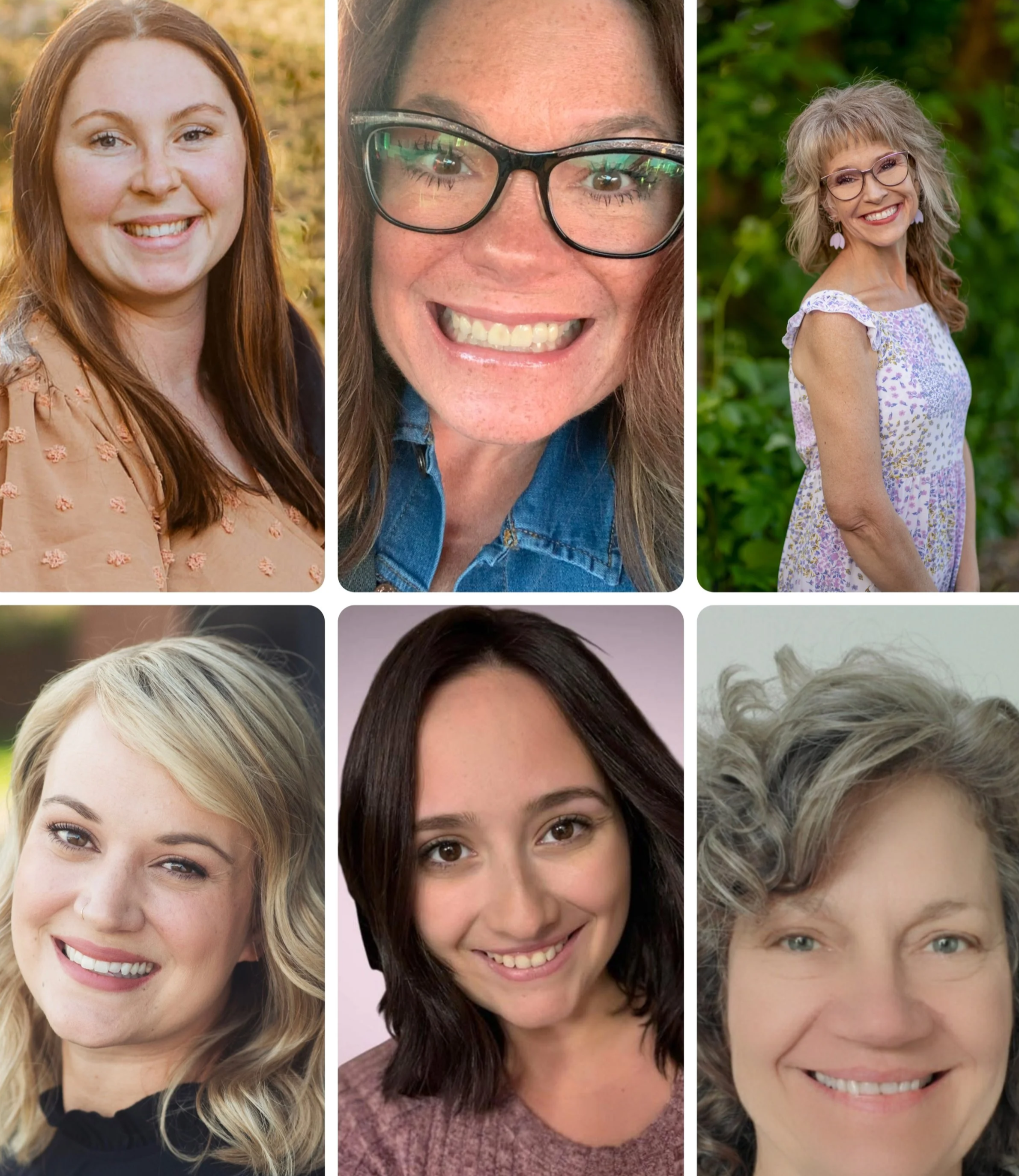 Collage of six women with different hairstyles and smiles, outdoors and indoors.