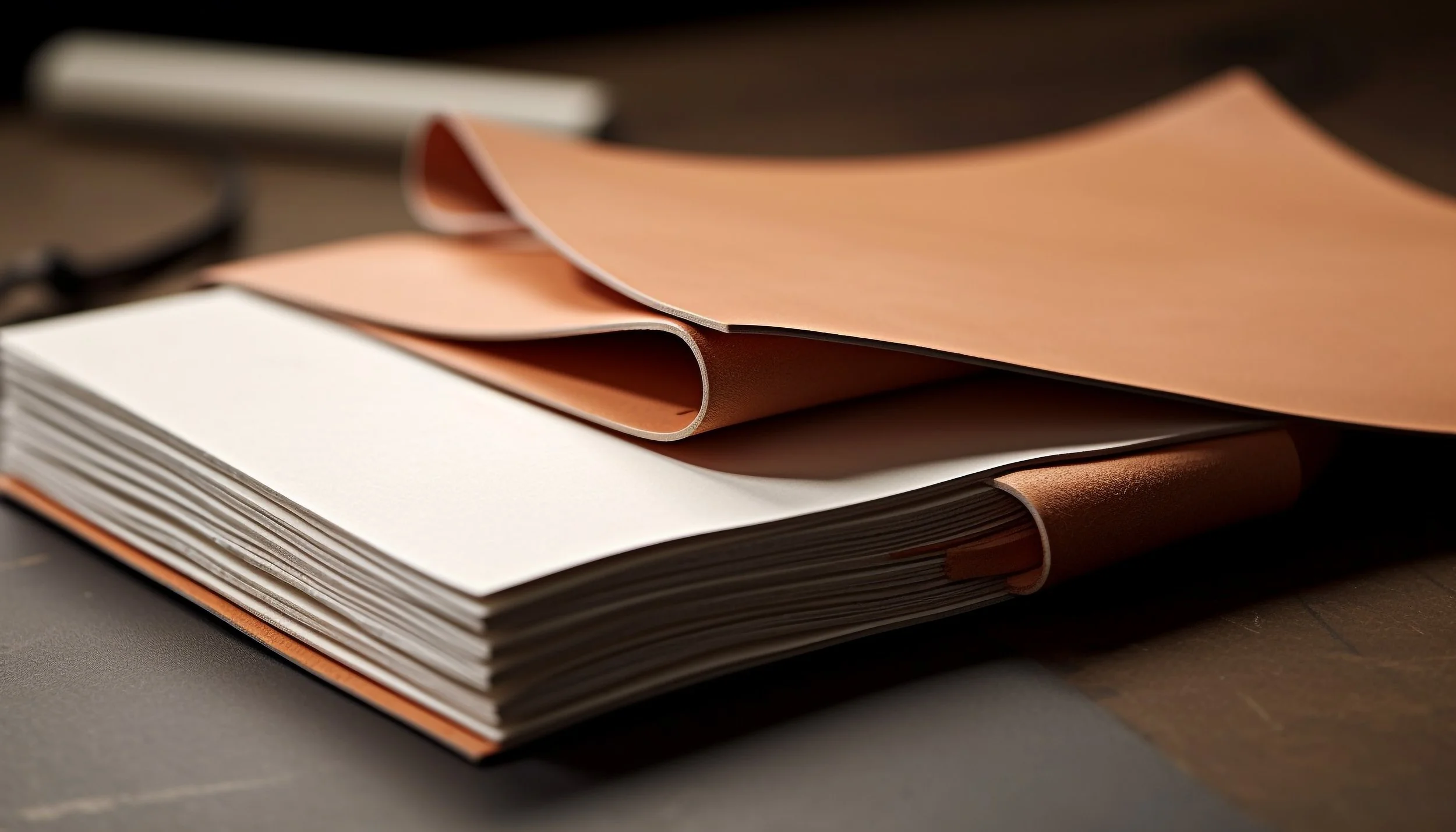 Open notebook with blank white pages on a dark desk with a brown leather cover, and a loose sheet of tan paper on top.