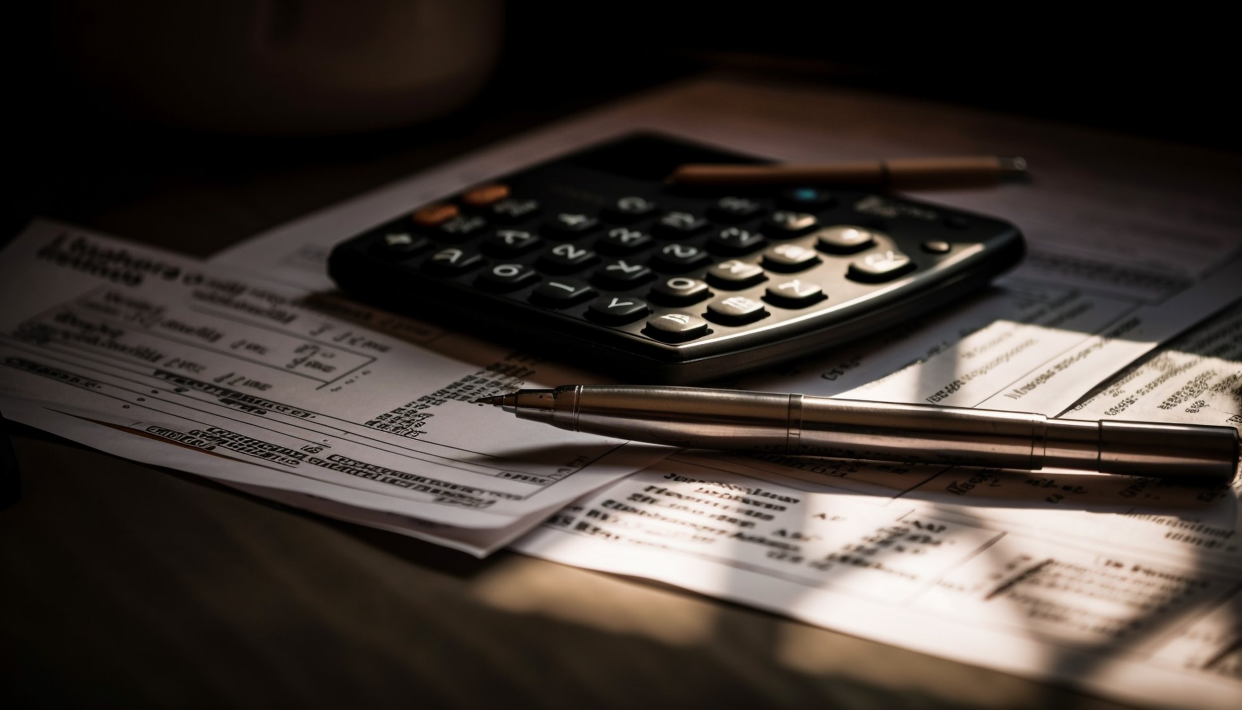 A calculator, pen, and various papers with printed text and calculations on a wooden desk, illuminated by a focused light.